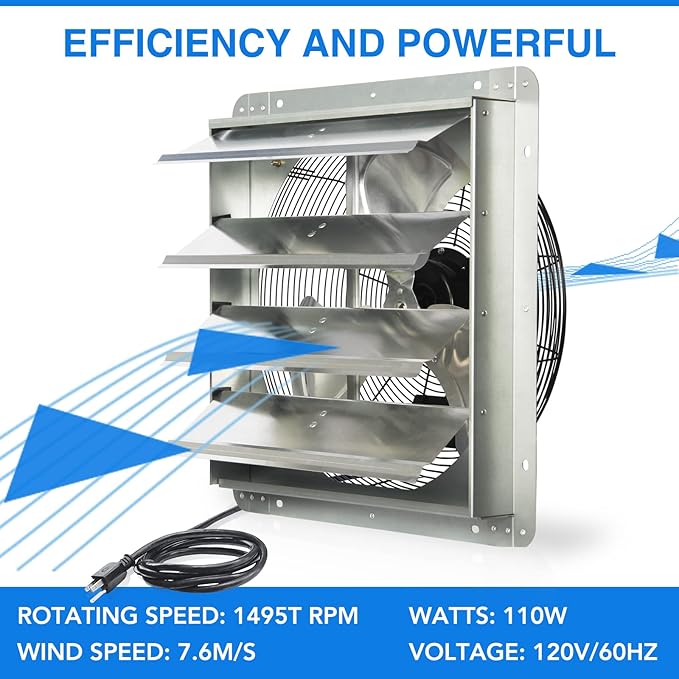 KEN BROWN 18 Inch Shutter Exhaust Fan, Gable Vent Fan, Wall Mount Ventilation, High Speed 2600 CFM, Automatic Aluminum Blades, for Garages, Shop, Greenhouse, Attic, with Power Cord - Image 3