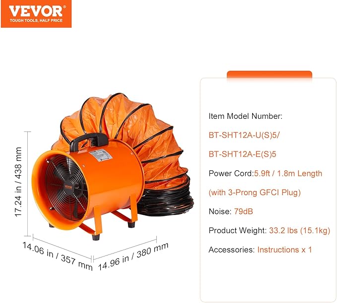 VEVOR Air Mover Blower Fan 12 Inch, 3198CFM 585W with 16.4ft Flexible Duct, Industrial Portable Ventilator Blower/Exhaust, Orange - Image 7