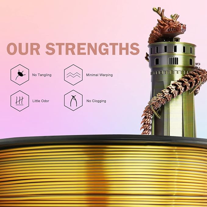 ERYONE Silk Tri Color PLA Filament 3D Printer 1.75mm +/- 0.03mm, Multicolor Filament Tricolor PLA 1KG(2.2lbs) Cardboard Spool, Gold Silver Copper - Image 3