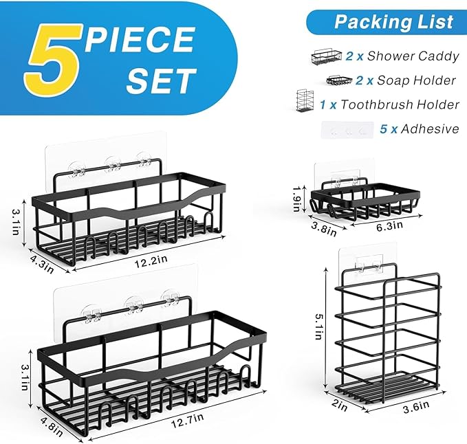 EUDELE 5-Pack Rustproof Stainless Steel Shower Caddy Set– No Drill Adhesive Bathroom Organizer, Space-Saving Shower Shelves for Apartment Essentials, Bathroom/Kitchen Storage Home Decor-L Size - Image 3