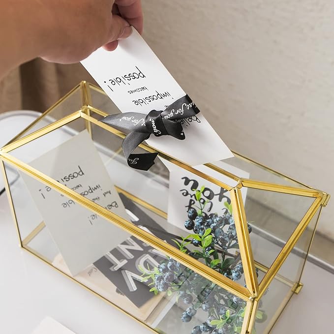 Glass Wedding Card Box with Slot, 12.6 inch Large Clear Card Box Gold Brass Gift Card Storage Box with Lock for Wedding Receptions, Baby Shower, Birthday Party, Bridal Shower - Image 4