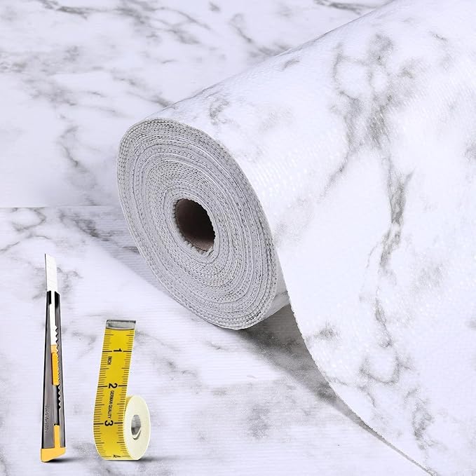 Drawer and Shelf Liner for Kitchen Cabinet: 12 in X 40 Ft Non Slip Waterproof Shelf Paper Non Adhesive Refrigerator Liners White Marble Easy Liners for Bathroom with Knife Tape Measure by Kimhan