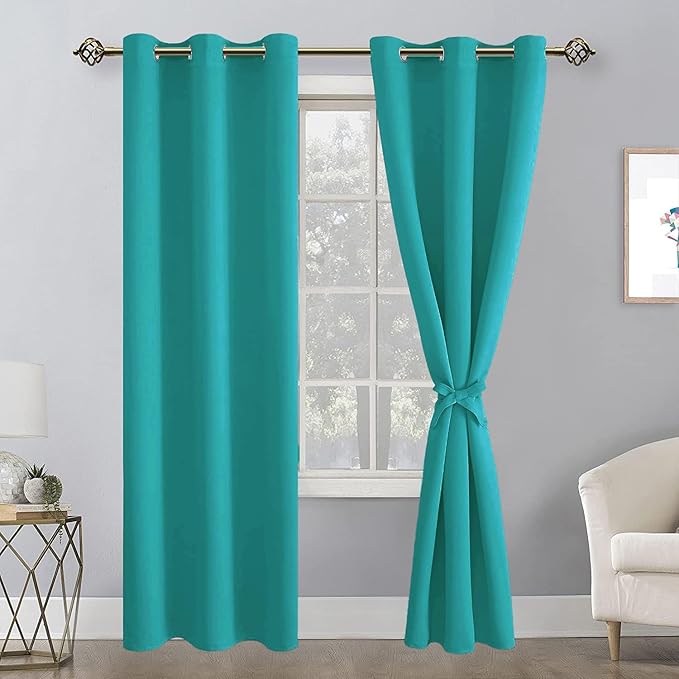 Hiasan Blackout Curtains for Bedroom, 42 x 84 Inches Long - Thermal Insulated & Energy Saving Window Curtains for Living Room, 2 Drape Panels Sewn with Tiebacks, Peacock Teal - Image 2