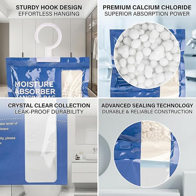 Dehumidifier Bags Hanging Moisture Absorbers – 4 Packs Dehumidifiers for Home Closet Bathroom Basement, Hanging Bag Desiccant Packs for Bedroom RV Camper, Odor Absorber Household Essentials - Image 4