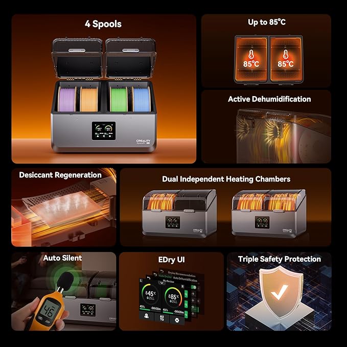 Creality Filament Dryer Box,Space PI X4 Dry Box 4 Spool,200W PTC 3D Printer Dehydrator,360° Uniform Drying,Upto 85℃,Dual Chamber,Auto Silent,Desiccant Refresh,Active Dehumidifier for PLA,PETG,ABS,PA - Image 2
