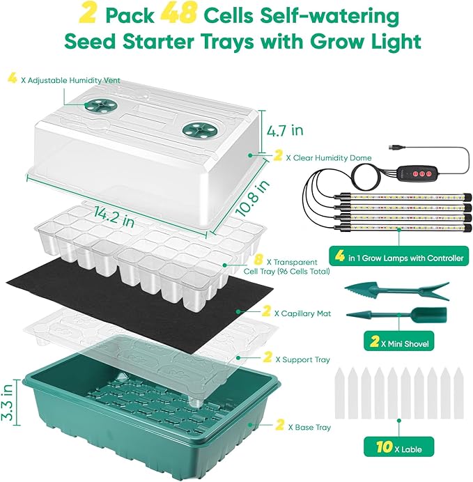 96 Cells Self-Watering Seed Starter Tray with Grow Light, Seed Starter Kit with Adjustable Humidity Dome, Seed Starting Trays Plant Starter Kit for Seeds Growing Starting, Indoor Gardening, Greenhouse - Image 4