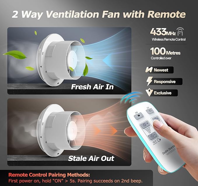 4 inch Bathroom Exhaust Fan with Remote 2 Way 6 Speed Upgraded Powerful Low Noise Vent Fan 3000RPM DC Motor Energy Saving Household Ventilation Fans for Attic Basement Garage Washroom P106A2 - Image 2