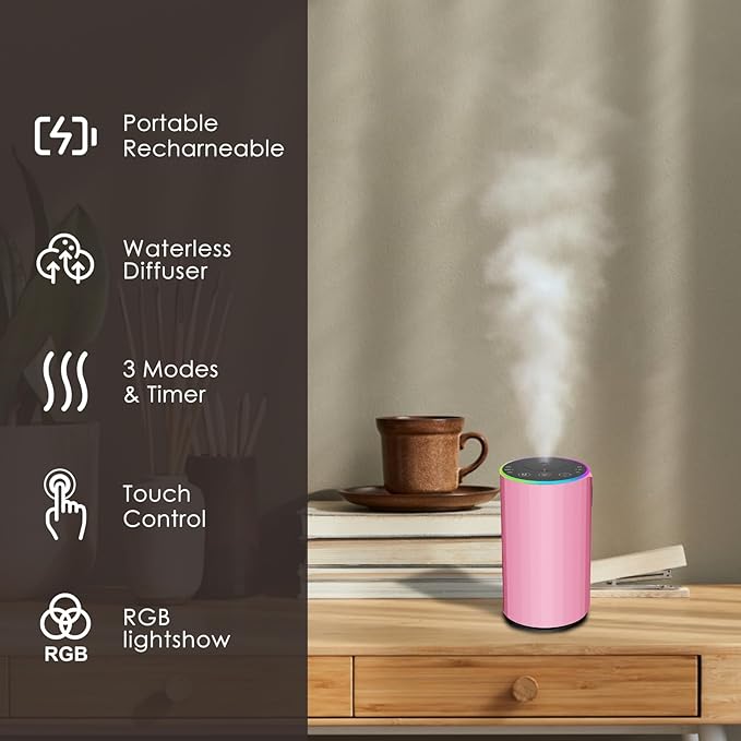Waterless Essential Oil Diffuser, Battery Powered Mini Scent Air Machine, Aromatherapy Mist Diffuser for Home Room Car Office (Pink) - Image 4
