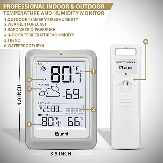 Wireless Weather Stations, with 330ft Range Sensor and Adjustable Backlight Inside Outside Monitor (White) - Image 2