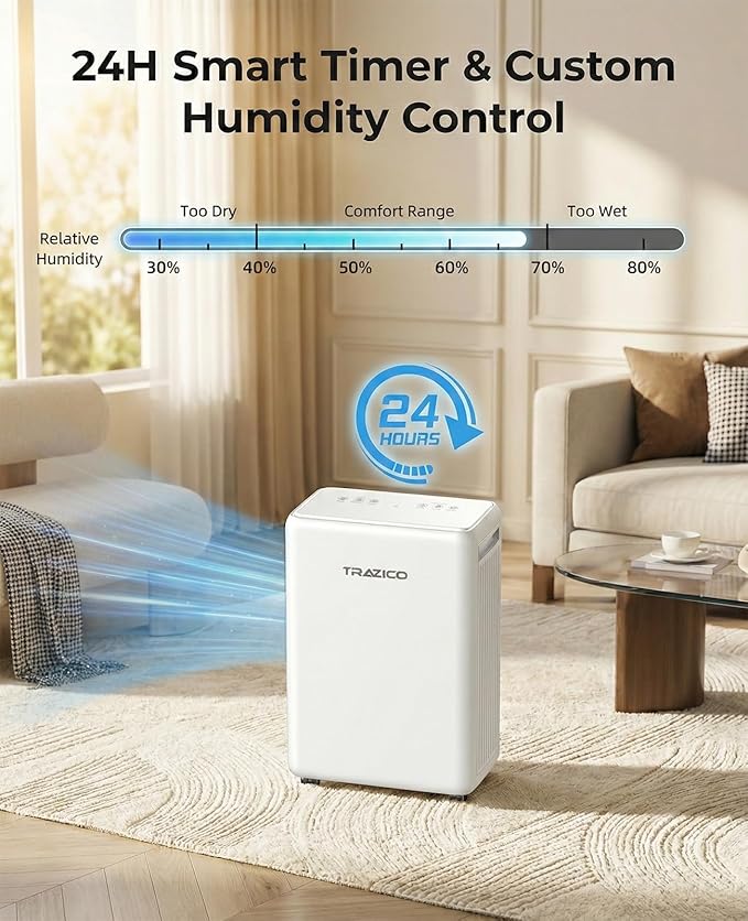 2000 Sq.ft Dehumidifier for Basement, Trazico 30 Pint Dehumidifiers for Home Large Room Bedroom Bathroom with Drain Hose, Intelligent Humidity Control, 3 Modes, 24H Timer, Auto Defrost, White - Image 8