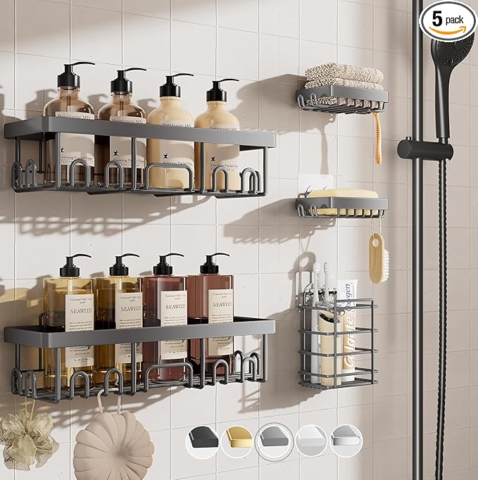 Veken Adhesive Shower Caddy 5-Pack,Heavy Weight Bearing,Large Wall Mounted Shower Shelves Rack,Organizer Storage Accessories with Soap Dish&Toothbrush Holder,Ideal for Bathroom,Home&Kitchen,Light Grey by Veken