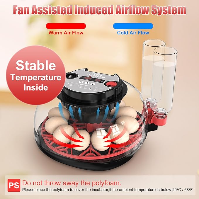 12 Egg Incubator with Temperature Control, Humidity Display, Automatic Egg Turner and Candler, Automatic Water Bottle Refill, for Hatching Chickens/Ducks/Gooses/Quail - Image 2