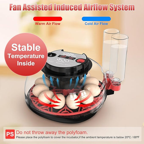 12 Egg Incubator with Temperature Control, Humidity Display, Automatic Egg Turner and Candler, Automatic Water Bottle Refill, for Hatching Chickens/Ducks/Gooses/Quail - Image 2