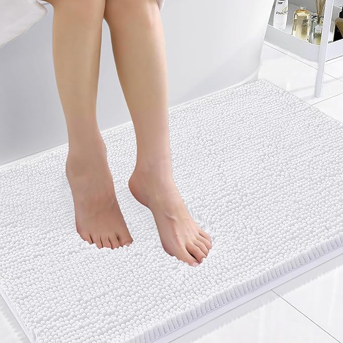 Smiry Luxury Chenille Bathroom Rugs 36x24, Extra Soft and Absorbent Shaggy Bath Mat, Machine Washable, Non-Slip Plush Carpet Runner for Tub, Shower, and Floor, Home Decor Accessories, White by Smiry