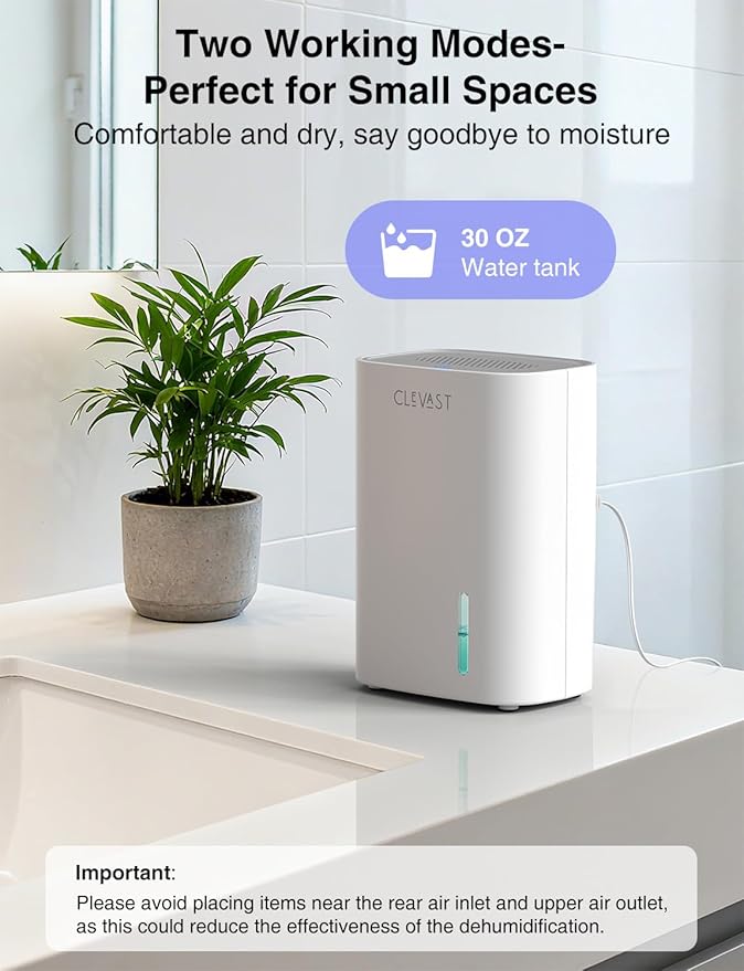 CLEVAST Dehumidifier for Home, 30oz Small Quiet Dehumidifier for Bathroom & Bedroom, Compact Air Dehumidifier for Closet, RV, Camper - Image 2