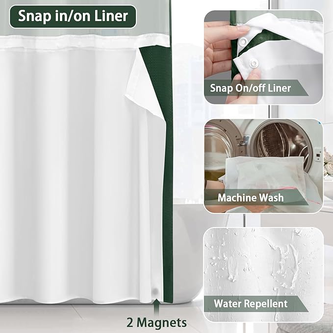 No Hook Shower Curtain and Liner Set,Dark Green Hotel Waffle Shower Curtain with Liner 75" L x 72" W - Image 4