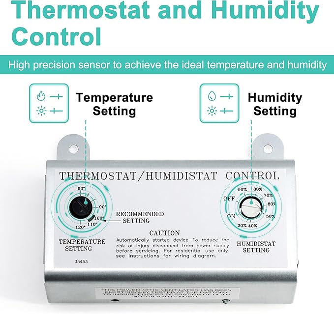 Attic Fan Thermostat and Humidistat, Adjustable Temperature and Humidity Controller 120V Thermostat Replacement for Power Attic Ventilators, Greenhouse Fan and Exhaust Fan - Image 3