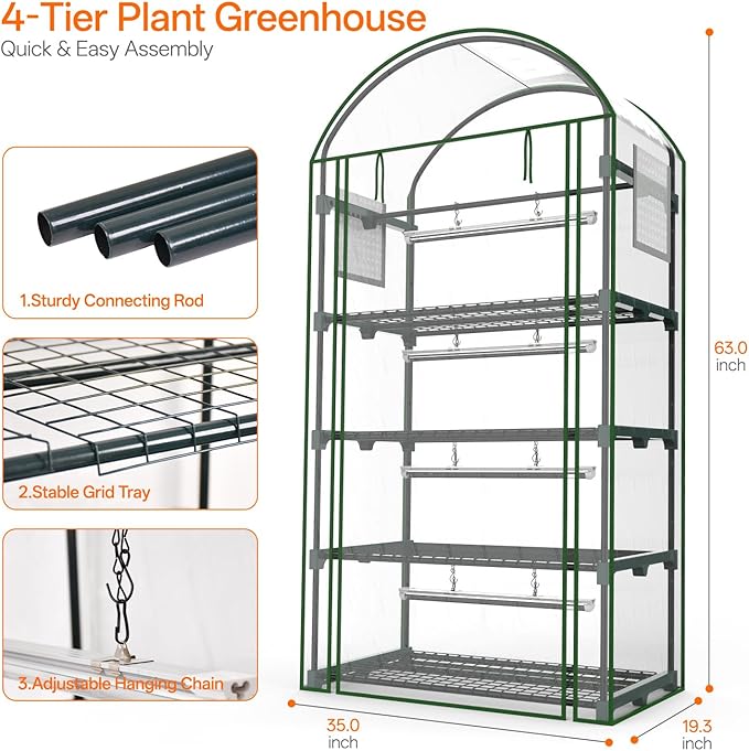 Bstrip Indoor Greenhouse with Grow Light, 4-Tier Mini Green House, 4Pcs Grow Lights for Indoor Plants with Timer, Zippered PVC Grow Tent with Airflow Windows, Indoor Greenhouse Cabinet 35x19.3x63in - Image 8