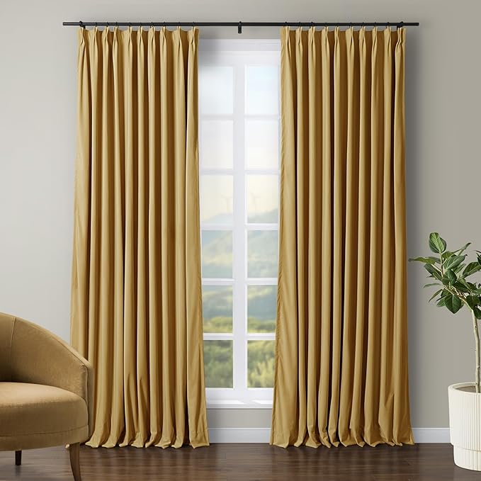 TWOPAGES Luxury Velvet Curtain Pinch Pleated Sunset Yellow Curtain 108 inch Long Thermal Insulated Blackout Drapes for Bedroom Living Room Indoor Window (1 Panel,Sunset Yellow,52Wx108L) by TWOPAGES