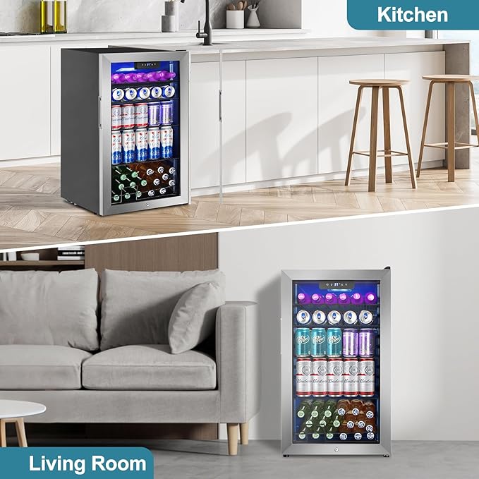 128 Cans Beverage Refrigerator Cooler, 3.2 Cu.Ft Mini Drink Fridge Glass Door for Drink Beer Soda Wine, Beer Fridge with 4 Removable Shelves for Kitchen Bedroom, Office Bar Gaming Room,Stainless Steel - Image 9