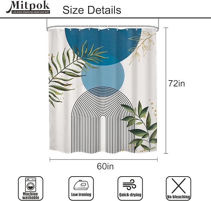 Blue Boho Modern Shower Curtain Mid Century Abstract Gold Green Leaves Sun Arch Minimalist Geometric Aesthetic Plant 60Wx72H Bathroom Decor Neutral Bath Curtain Fabric Polyester 12 Pack Hooks - Image 5