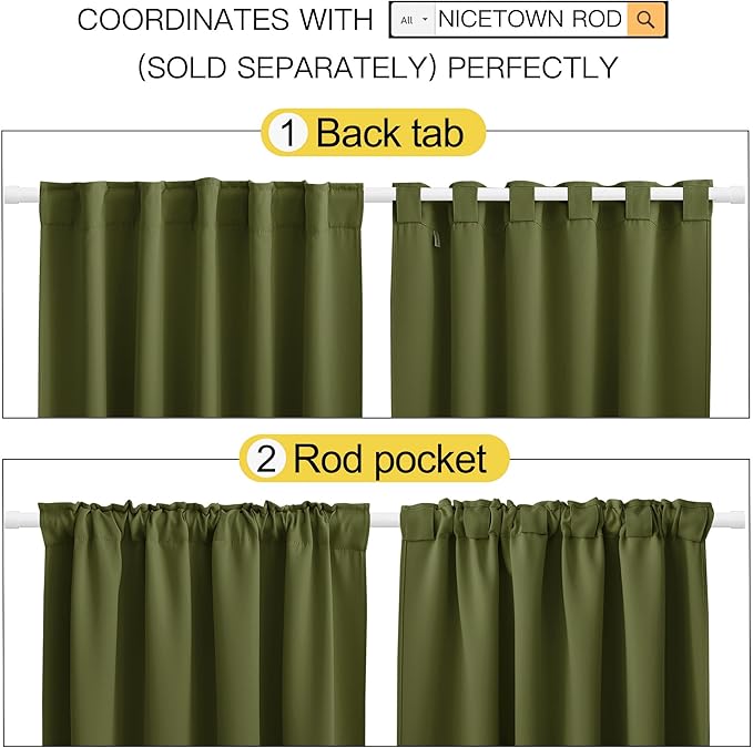 NICETOWN Blackout Curtain Panels Window Draperies - (Olive Green Color) 34-Inch Wide x72-Inch Long, 2 Pieces, Home Decoration Light & Noise Reducing Window Covering Room Darkening Drapes for Bedroom - Image 3