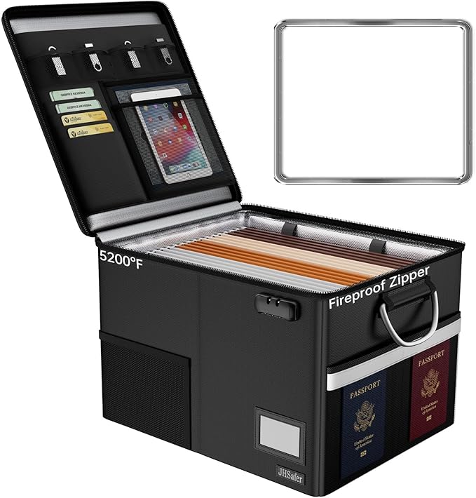 5200℉ Fireproof Document Box with Lock, Waterproof File Organizer with Handle, Portable Collapsible Filing Cabinet with Reflective Strip for Hanging Letter/Legal Folder, Black by JHSafer