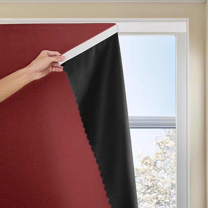 Adhesive Curtain 100% Blackout No-Drill Easy Install for Bedroom Blinds Light Blocking (Burgundy-47 W x 84" L-1P) by JILRON