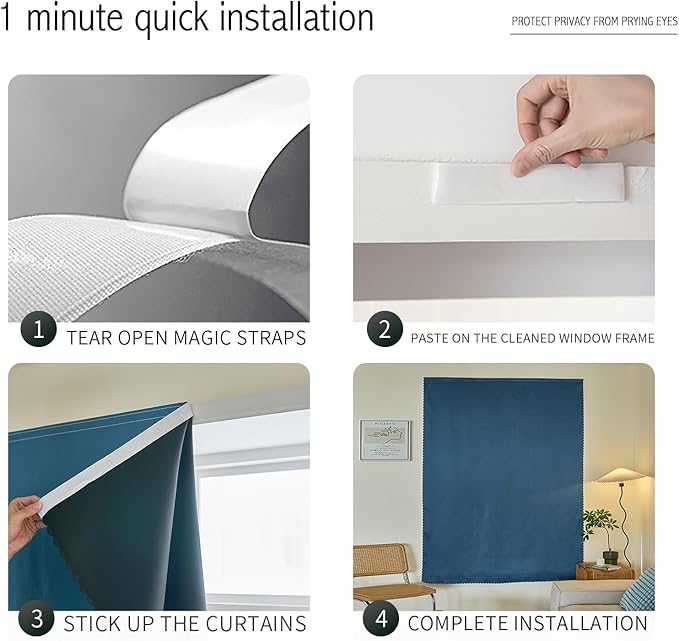 Adhesive Curtain 100% Blackout No-Drill Easy Install for Bedroom Blinds Light Blocking (Dark Blue-59 W x 95" L-1P) - Image 2