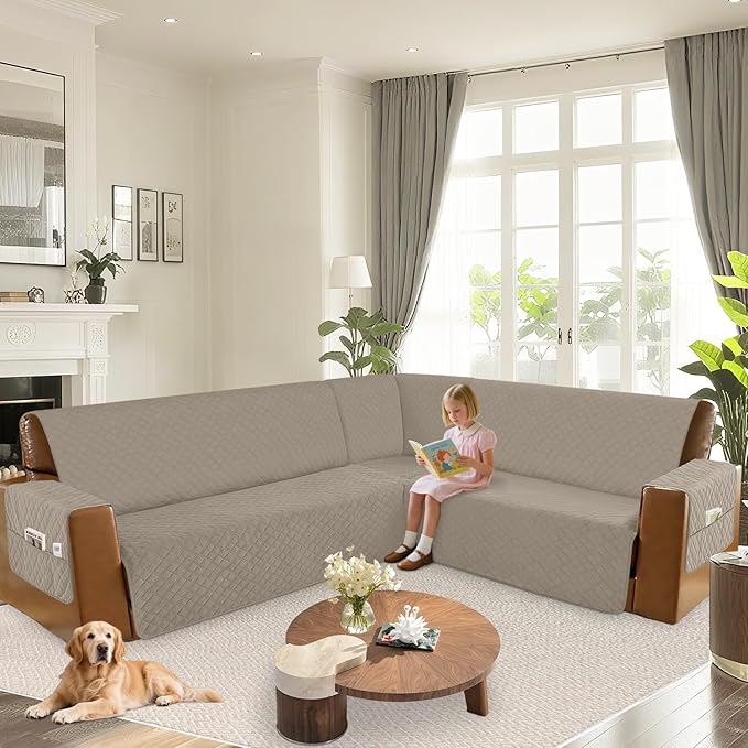 Arfntevss Waterproof Sectional Couch Covers L Shape Washable Velvet Sofa Cover for Sectional Non Slip Large Corner Slipcovers Dog 6 Pcs Universal U Shaped Furniture Protector (Light Khaki, X-Large) - Image 6