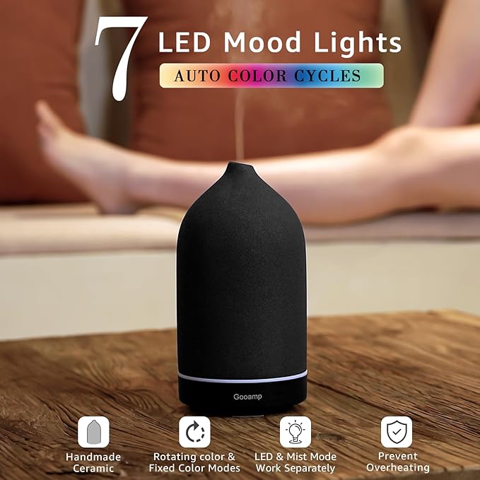 200ML Ceramic Essential Oil Diffuser - Ultrasonic Aromatherapy & Humidifier with 7-Color LED Lights, Auto Shut-Off, Black, 1H/3H/6H Timer | Scent for Home, Office, Yoga - Image 2