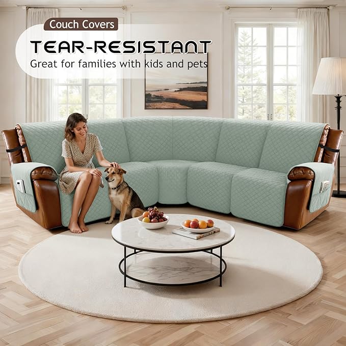 Arfntevss Waterproof Recliner Sectional Couch Covers for Reclining Sectional L Shape Sofa Cover Non Slip Washable Recliner L Shaped Slipcover Sets for Dog Furniture Protector (5 Seater, Sage Green) - Image 7