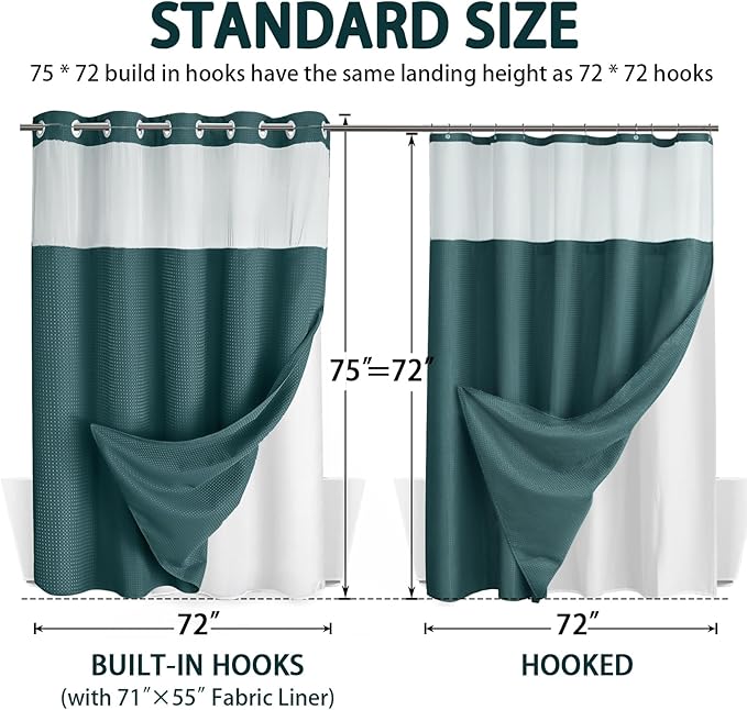 No Hook Shower Curtain and Liner Set,Seaweed Green Hotel Waffle Shower Curtain with Liner 75" L x 72" W - Image 6