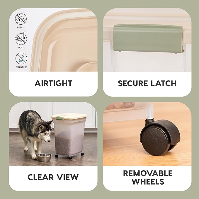 IRIS USA Airtight Dog Food Storage Container, WeatherPro, Up to 40 lbs, Removable Wheels, for Dog Cat Bird and Other Pet Food Storage Bin, Keep Fresh, Translucent Body, Made in USA, Clear/Almond - Image 4