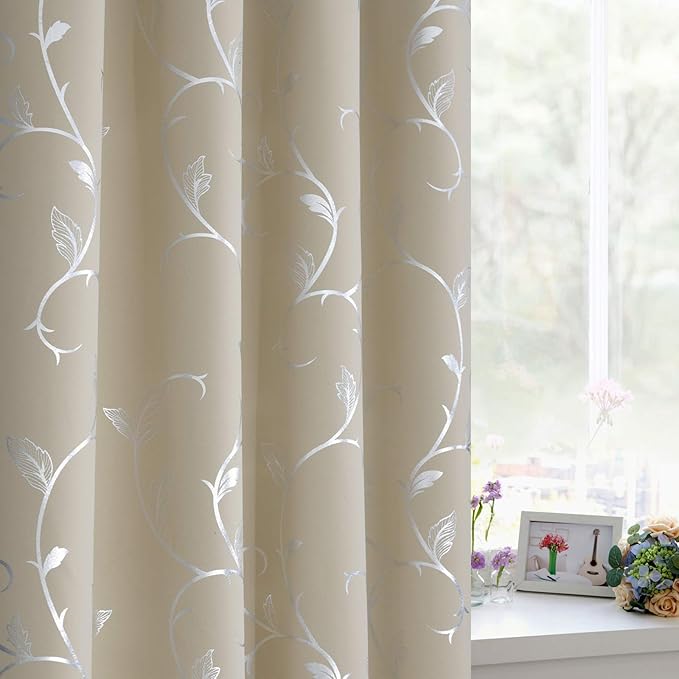 BUHUA Wave Floral Vine Print Blackout Curtains for Living Room Darkening Curtains Print Pattern Light Blocking Curtains for Bedroom 52W×84L Beige 2 Panels - Image 3