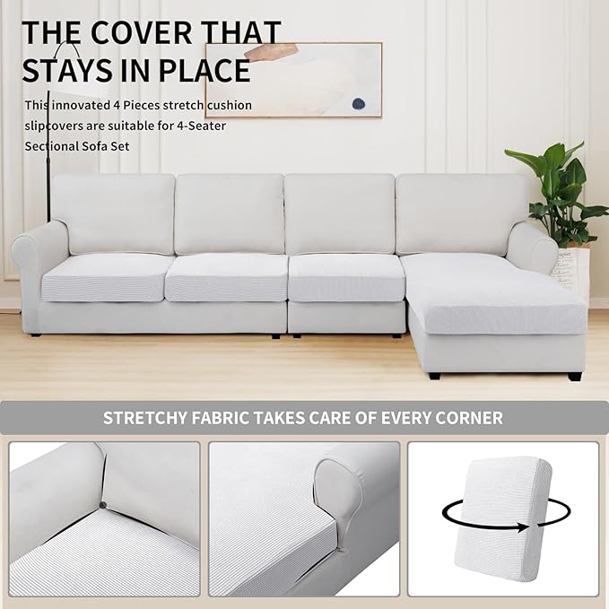 Easy-Going Stretch 4 Pieces Couch Cushion Covers for Sectional Sofa Left/Right L Shape Chaise Lounge Sofa Seat slipcover Anti-Slip Sofa Cover Soft (3 Seater + 1 Chaise, Snow White) - Image 5