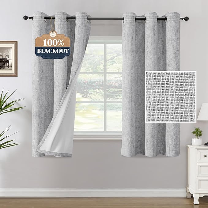 H.VERSAILTEX Chenille Linen Blackout Curtains for Bedroom Thermal Insulated Textured Linen Look Curtains with White Flocking Coating Back, 42" W x 63" L, Heathered Glacier Gray(Not Solid) by HVERSAILTEX