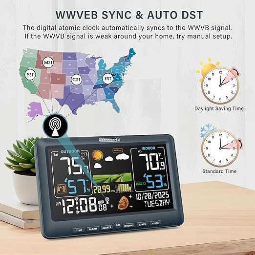 BluSon Weather Station Wireless Indoor Outdoor Thermometer, Color Display Digital Temperature Humidity Monitor with Atomic Clock, Weather Forecast, Adjustable Backlight, Home Weather Station, Blue - Image 3