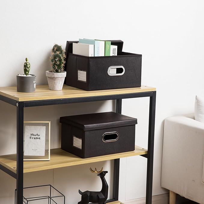 PRANDOM Collapsible Storage Box with Lid [3-Pack] Leather Fabric Foldable Storage Bin Organizer Container Basket Cube with Cover for Home Bedroom Closet Office Nursery Black(13.6x9.6x6.9) - Image 2
