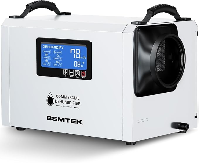 145 Pints Commercial Dehumidifier for Large Basements & Crawl Spaces up to 6500Sq.Ft, Industrial Dehumidifiers for Water Damage Restoration, Auto Defrost, Continuous Drain Hose, Memory Function, White by BSMTEK