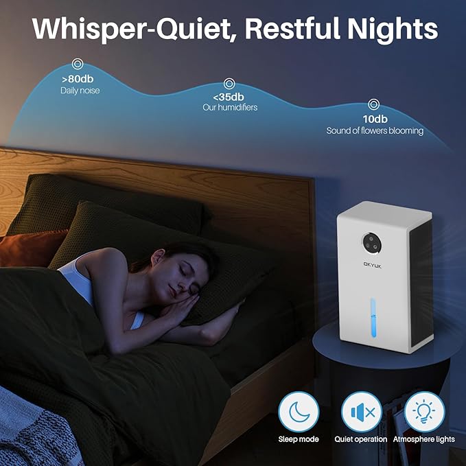 OKYUK Dehumidifier, 95 oz dehumidifiers for home,1000 sq. ft Dehumidifiers for Bedroom with 7 Colors LED Light, Ultra Quiet & Auto Shut off dehumidifiers for basements Ideal for RV, Bathroom, Bedroom - Image 5