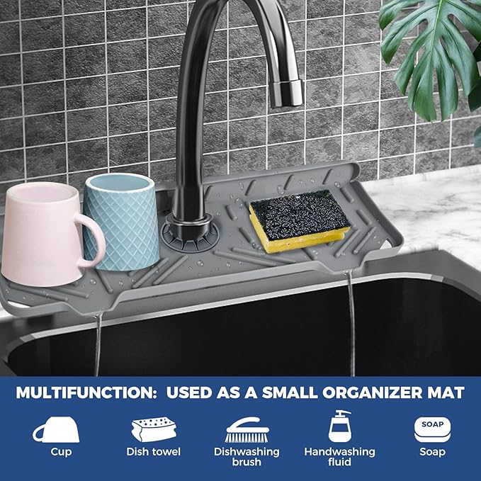 2 Pcs Silicone Faucet Handle Drip Catcher Tray, 2 in 1 Dish Soap Sponge Holder for Kitchen Sink & Splash Guard, Drying Mat for Sink Accessories, Counter, Bathroom - Image 3