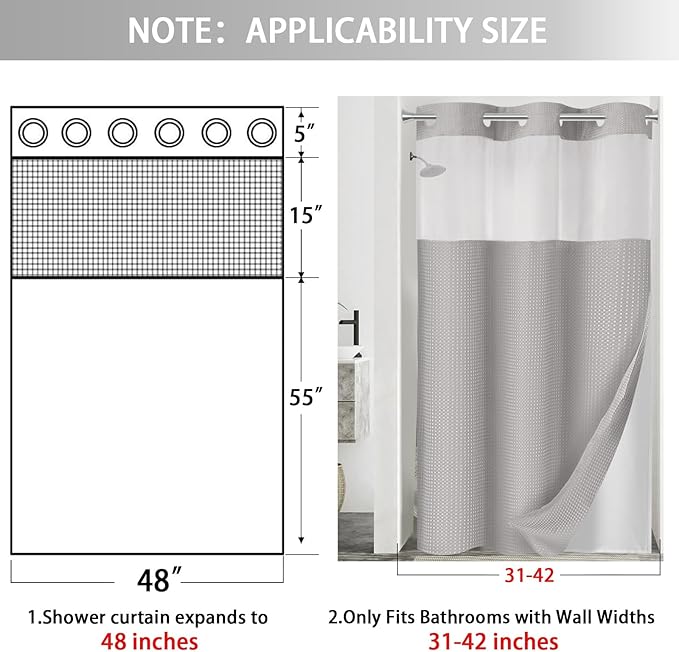 No Hook Shower Curtain and Liner Set,Light Grey Hotel Waffle Shower Curtain with Liner 75" L x 48" W - Image 6