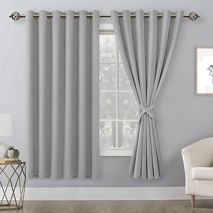 Hiasan Grommet Blackout Curtains for Bedroom, 70 x 63 Inches - Thermal Insulated & Light Blocking Window Drapes for Living Room/Dorm Room, Set of 2 Panels Sewn with Tiebacks, Silver Grey - Image 2