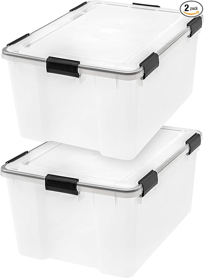 IRIS USA WeatherPro 63 Qt Storage Bins with Lids, 2 Pack, BPA-Free Plastic Gasket Box with Tight Latch and Seal, Stackable Nestable Tote Tub - Clear/Black by IRISUSA