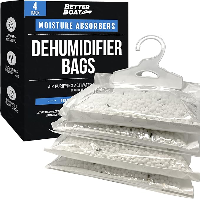 4 Pack Moisture Absorber Hanging Bags, Boat Dehumidifier with Charcoal, Unscented, Removes Dampness and Musty Odors, Ideal for Basement, Closet, Home, Car, RV, and Boating by BetterBoat