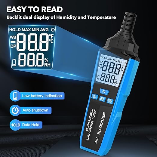 Temperature Humidity Meter, High Precision Digital Hygrometer with Ambient, Dew Point, Wet Bulb Temperature for Indoor Outdoor, Thermometer with Min/Max, Data Hold, LCD Backlight, TH11 - Image 4