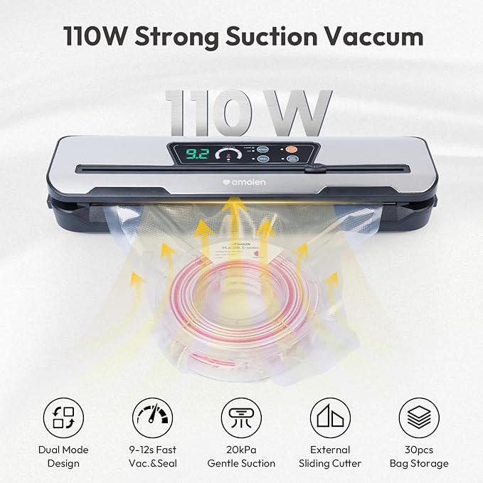 AMOLEN Vacuum Sealer Storage Bags Kit for Filament 20kPa, Dual-Use Vacuum Sealer Machine for Food 60kPa with Build-in Cutter&Storage, Digital Countdown, Air Suction Hose, 30 Vacuum Bags - Image 4