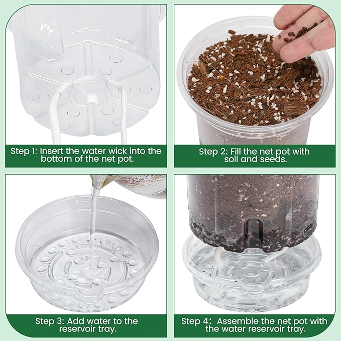 20 Pack 5 Inch Clear Self Watering Plant Pots with Bottom Water Tray & Watering Rope, Transparent Nursery Pots with Drainage for Seedlings, Herbs, and Houseplants - Image 3
