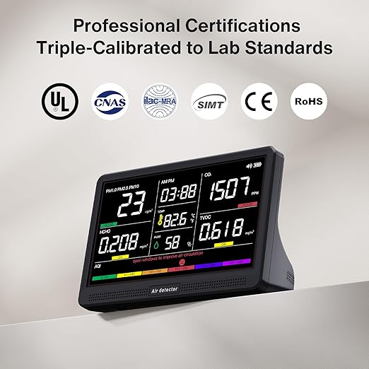 bonoch 16 in 1 Air Quality Monitor Indoor 7" Display 9 AQI+7 AQI Alerts, CO2 Monitor Air Quality Tester for CO2, TVOC, PM2.5 PM1.0 PM10, HCHO Temperature Humidity AQI & Time Air Quality Meter for Home - Image 6